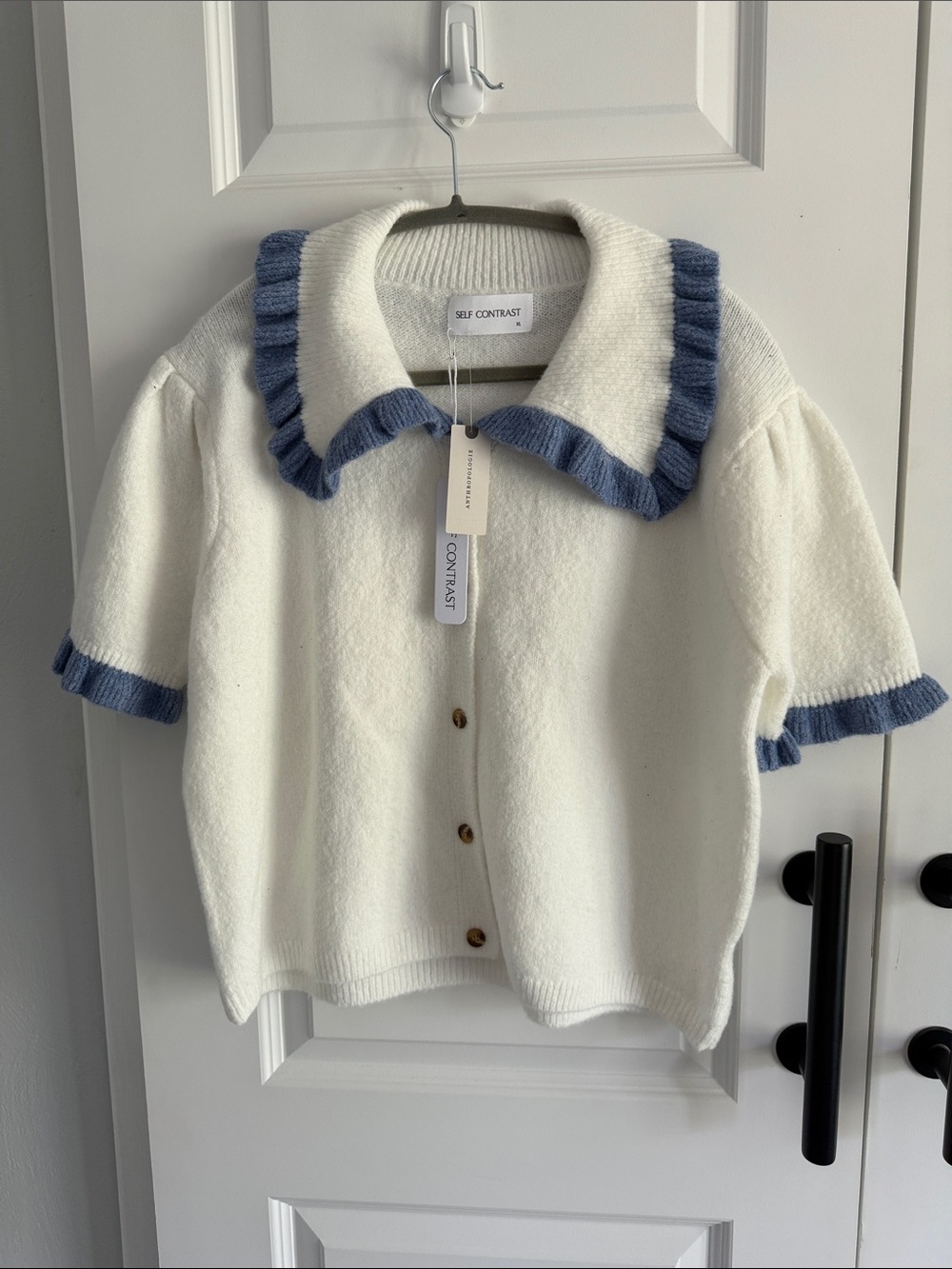 Anthro Self Contrast Ainsley White Knit Button-Up Top with‎ Blue Trim XL